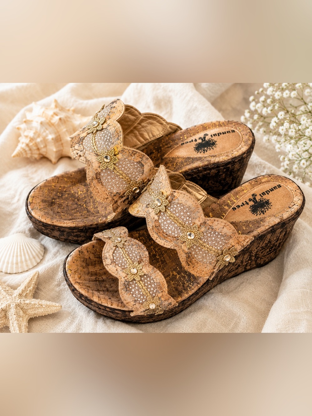Sandal Tree Cork Wedge Sandals Gold Embellished Rhinestone Resort Boho Size 40